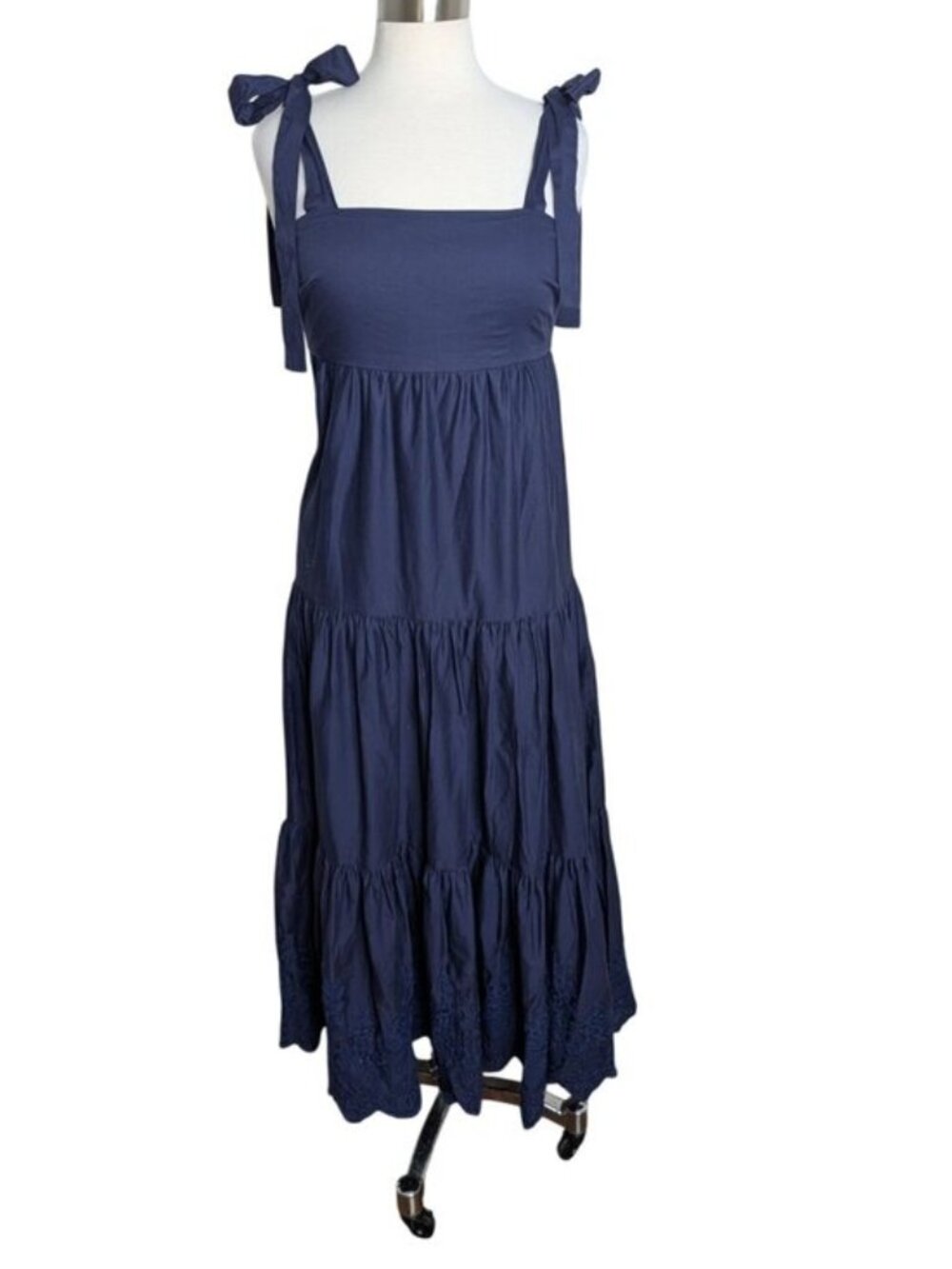 Jason Wu Tiered Embroidered Eyelet Maxi Dress Navy Shoulder Bow Ties Size S